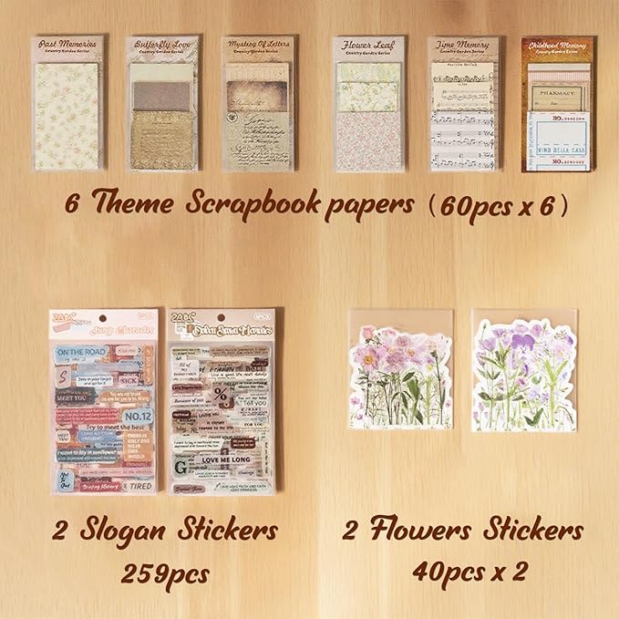 Naszonus 699 Pcs Vintage Scrapbook Paper Kit, Scrapbook Paper Supplies with Flowers Stickers, Journaling Decorative CraftPaper Set for Junk Journal, Retro Crafts