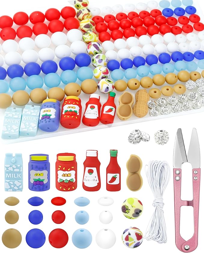 FIVEIZERO 164PCS Silicone Focal Beads for Keychain Making, Lentil, Printed, Rhinestone, Sliver Spacer Beads for Pens, Bracelets & Crafts with Elastic Cord & Scissors(Milk, Peanuts, Jam)
