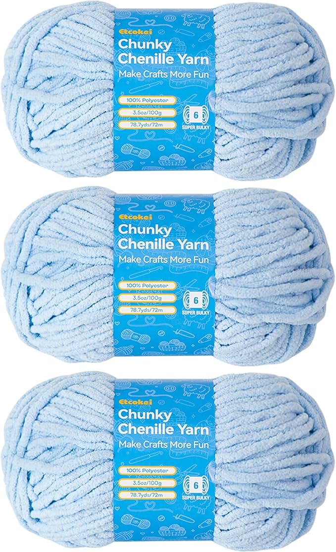 Chenille Yarn #6, Super Bulky Blanket Yarn for Crocheting & Knitting, Extra Soft Chunky Thick Yarn, Easy to Crochet, Perfect for Amigurumi, Baby Blankets, DIY Home Decor, 3Skeins(300g/10.5oz), Blue
