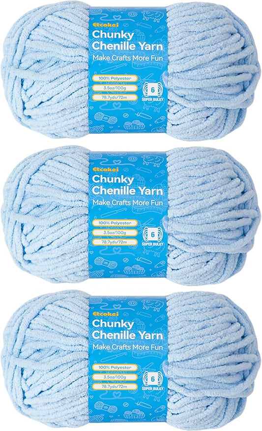 Chenille Yarn #6, Super Bulky Blanket Yarn for Crocheting & Knitting, Extra Soft Chunky Thick Yarn, Easy to Crochet, Perfect for Amigurumi, Baby Blankets, DIY Home Decor, 3Skeins(300g/10.5oz), Blue