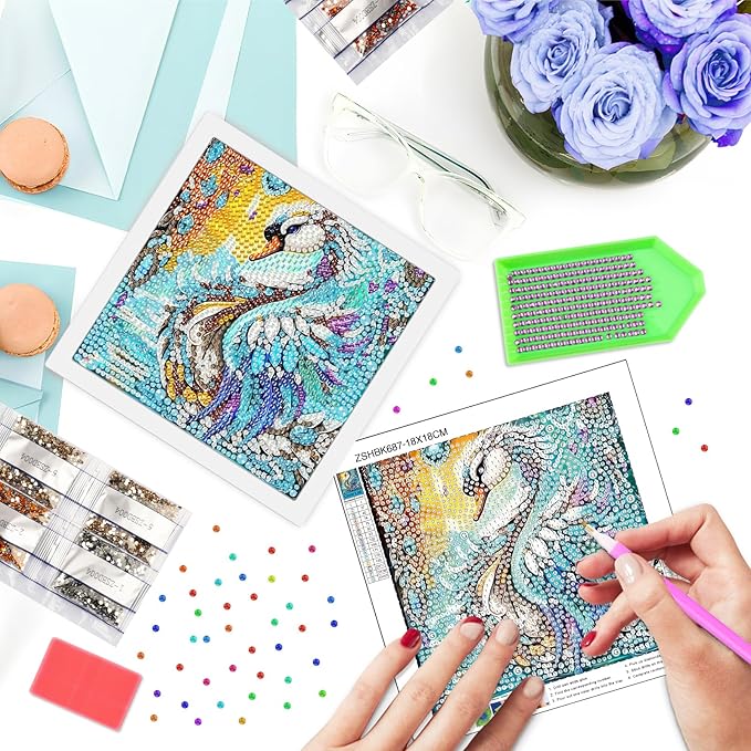 SENQAO Swan Diamond Art Kit for Adults with Frame Art and Crafts for Adults Ages 6-8 -10-12 Easy to DIY Diamond Art for Adults and Adult Beginners Home Wall Decoration 7.1x7.1inch