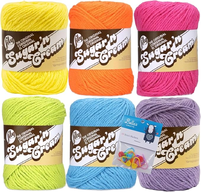Lily Sugar'n Cream 100% Cotton Yarn 6-Pack Bundle with Bella's Crafts Stitch Markers (Hot Rainbow)