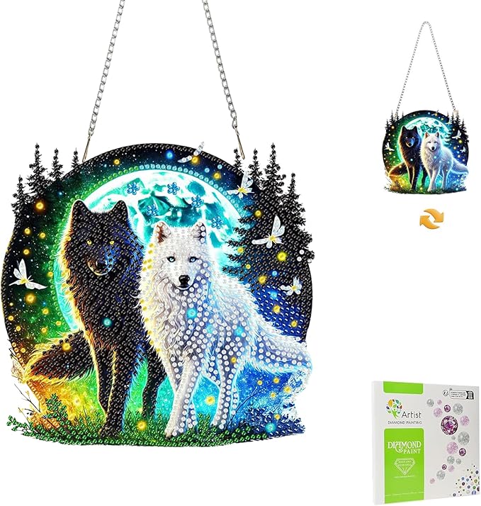 Masendp Timberwolf Diamond Art Pendant Kit, 5D DIY Special Shape Diamond Art Kit for Adults, Crystal Rhinestone Wolf Diamond Painting Animal Gem Artist Home Decorations