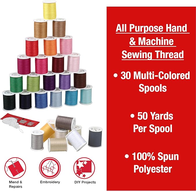 SINGER Polyester Sewing Thread Set - 30 Assorted Colors, 50 Yards per Mini Thread Spool, Sewing Kit Includes 5 Large Eye Hand Needles, 1 Needle Threader, Suitable for Hand and Machine Sewing