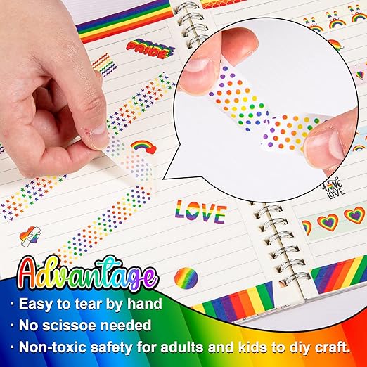 Whaline 12 Rolls Rainbow Washi Tape Gay Pride Day Washi Masking Tape Colorful Heart Love Decorative Paper Stickers for Birthday Gay Pride Day Scrapbook Gift Wrapping DIY Art Crafts
