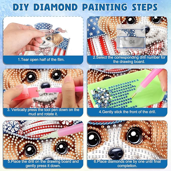 DOMROM 4TH of July Diamond Art Hanging Kit for Adult, Dog Diamond Art Hanging Kit, Patriotic DIY Diamond Art, Independence Day Diamond Hanging Pendant, Window Pendants Home Wall Hanging Ornament