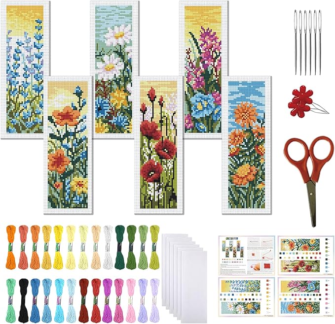 FREEBLOSS 6 Set Cross Stitch Bookmark Kit Wild Flowers Pattern Stamped Cross Stitch Kit 11CT Embroidery Kits with Instructions for Beginners Adult 20x6cm/8x2.4inch