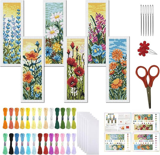 FREEBLOSS 6 Set Cross Stitch Bookmark Kit Wild Flowers Pattern Stamped Cross Stitch Kit 11CT Embroidery Kits with Instructions for Beginners Adult 20x6cm/8x2.4inch