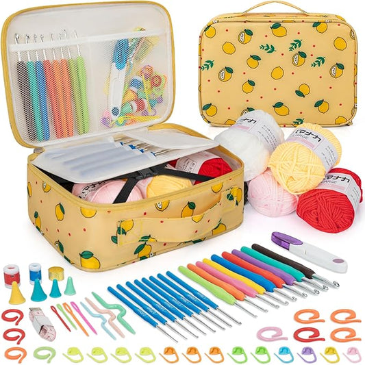 GMAK Crochet Kit for Beginners Adults, 59 PCS Crochet Sets Include Yarn, Crochet Hooks and Tools, Portable Crochets Starter Kit for Making Variety Projects Crochet Supplies, Yellow Lemon