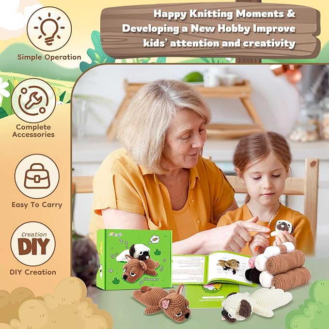 Crochet Kit for Beginners- Teacher Appreciation Gifts, 2 PCS Pug and French Bulldog Crochet Kits for Adults, Sleeping Dog Crochet Kit with Step-by-Step Video Tutorials Instructions DIY Knitting Kit