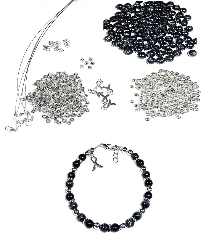 Hidden Hollow Beads DIY Craft Beading Kit, Everything to Make Cancer Awareness Bracelets, Uses Wire, Crimps and Clasps, Fundraising and Gifts (Melanoma - Black - Makes 5)