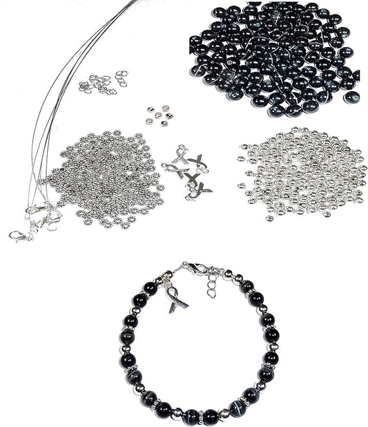 Hidden Hollow Beads DIY Craft Beading Kit, Everything to Make Cancer Awareness Bracelets, Uses Wire, Crimps and Clasps, Fundraising and Gifts (Melanoma - Black - Makes 5)