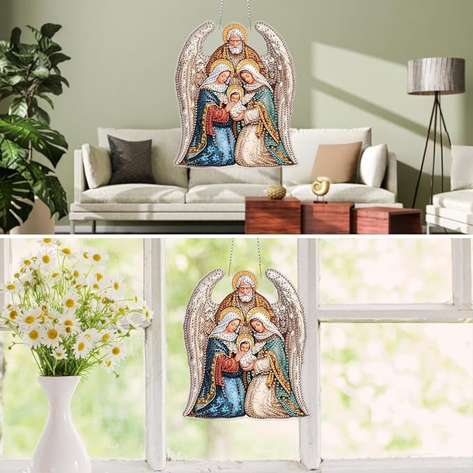 MXJSUA Diamond Art Hanging Kits for Adults Beginners, DIY Acrylic 5D Special Shaped Crystal Diamond Gem Art Painting Hanging Ornament for Home Wall Decor (Christmas Nativity Angel Jesus)