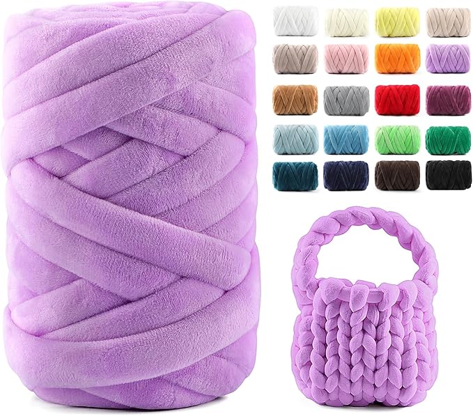 Chunky Yarn for Hand Knitting & Arm Knitting - 0.66lb Super Bulky Velvet Chenille Tube Yarn for DIY Pillows, Pet Beds, Baskets & Home Decor | No Tools Needed, Machine Washable, Romantic Purple,1 Pack