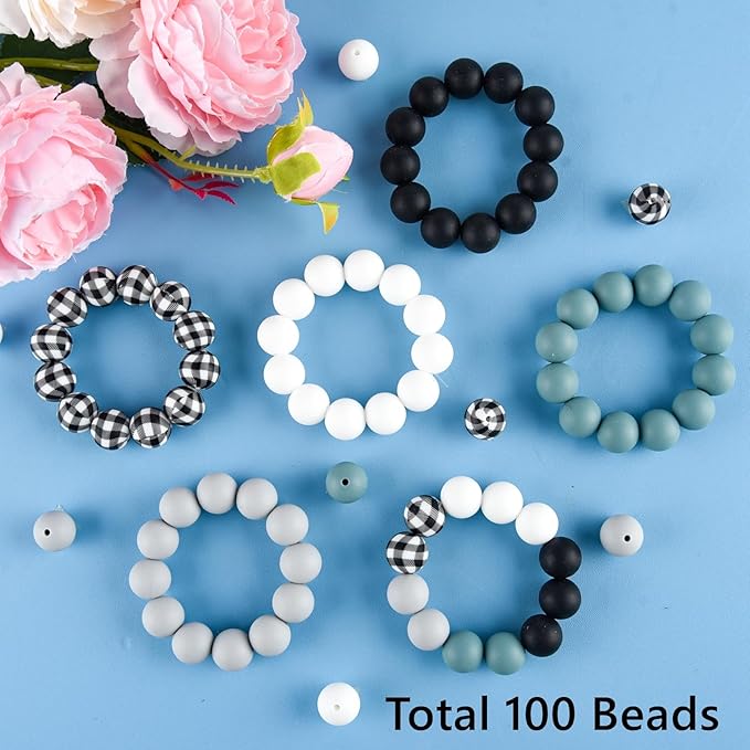 ASTARON 100 Pcs 15mm Silicone Beads for Keychain Making, Grey Black White Silicone Round Beads Bulk for Bracelets Pens Crafts Supplies