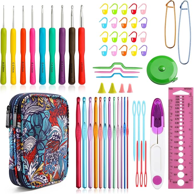 KOKNIT Crochet Hooks Set with Storage Case - 9 Soft Grip Ergonomic Crochet Needles,12 Coloured Aluminum Yarn Crocheting Crochet Hooks,Crochet Kit with Crochet Supplies and Accessories