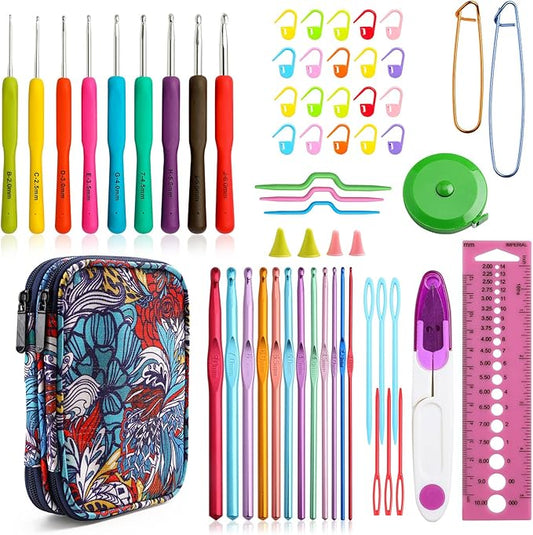 KOKNIT Crochet Hooks Set with Storage Case - 9 Soft Grip Ergonomic Crochet Needles,12 Coloured Aluminum Yarn Crocheting Crochet Hooks,Crochet Kit with Crochet Supplies and Accessories