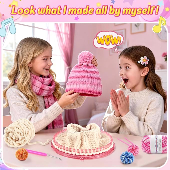 Spardar Hat Knitting Kit, Weaving Loom Kit with Portable Storage Bag, Includes Knitting Tools, 8*Pom-Pom Makers, 7 Color Yarns, Knit Hats, Scarves, Ideal Christmas or Birthday Gift, Light Pink