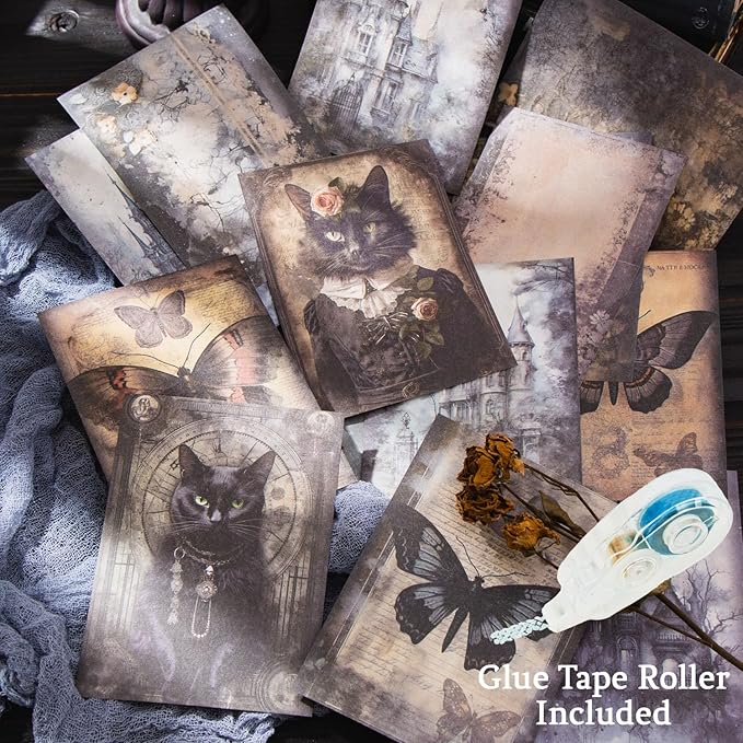 180Pcs Dark Fantasy Scrapbook Paper, Vintage Gothic Journal Ephemera Pack, Junk Journal Supplies for Scrapbooking Kit, with Glue Tape