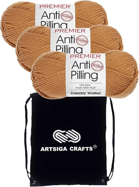 Premier Yarns Everyday Anti-Pilling Solid Caramel DN100-14 (3-Skeins - Same Dye Lot) #4 Worsted Weight Acrylic Yarn for Crocheting and Knitting with Project Bag