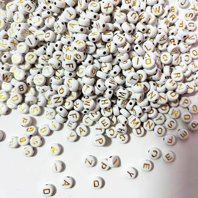 Alphabet Beads A-Z 1300Pcs Letter Beads, Acrylic 4x7mm Round Letter Beads Kits,Black Digit and Colorful Smile Beads for Bracelets Necklaces DIY Jewelry Making (Golden)