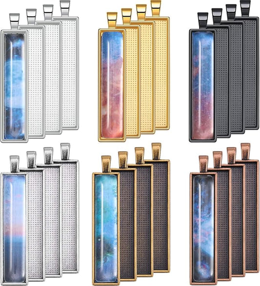 Hicarer 48 Pieces 6 Colors Pendant Tray Rectangle Bezel Blanks Set Include 24 Rectangle Pendant Trays with 24 Clear Glass Cabochon Domes for DIY Resin Craft Photo Necklace Jewelry Making
