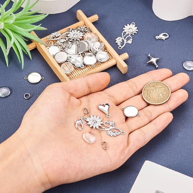 FASHEWELRY 167Pcs Bracelet Bezel Trays Setting Stainless Steel Blank Flat Round Cabochon Settings Bezel Tray with Glass Cabochons Connector Charms for Jewelry Making