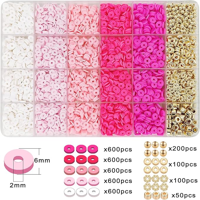 MIIIM Pink Clay Bead Bracelet Kit, Heishi Beads, Flat Clay Beads and Gold Spacer Beads for Jewelry Making, Friendship Bracelet Beads Kit for Crafts, Concert, Raves, Gifts
