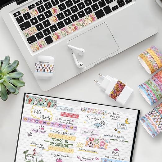 Naler Washi Tape Set,18 Rolls Cute Decorative Tape, Flora Animals Fruits Adhensive Tape, Writable Tape for Bullet Journal Supplies, Gift Wrapping, Scrapbook Supplies