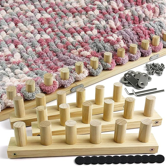Chunky Blanket Loom Knitting Kit, 3-in-1 Adjustable Chunky Yarn Blanket Knit Loom with Anti-Slip Pads, 39in/99cm Wooden Loom for Chunky Blanket, Chunky Knit Blanket Crochet Loom for Beginners