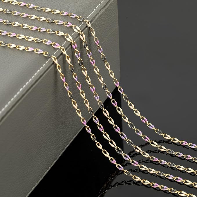 2 Yard Mixed Color Enamel Chains for Jewelry Making Gold Plated Brass Cable Link Chain Roll for Women Necklace Bracelet DIY Jewelry Supplies Findings