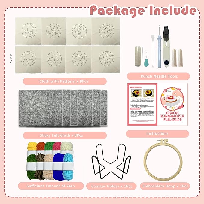 SEREDH Punch Needle Kit for Beginners Adults Easy Needle Punch Embroidery Tool Set Including Threader Instruction Fabric Hoop Yarn Coaster DIY Making Kit Supplies,Set of 8 Flora Art Crafts Gifts