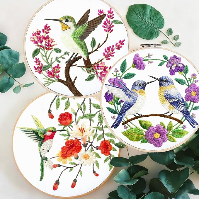 BEUNITONE Hummingbird Embroidery Kit for Adults, 6PC Floral Bird Cross Stitch Set with Colorful Threads, Nature Inspired DIY Artwork, Home Decor Gift for Her