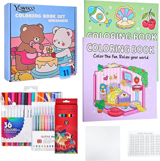 yqwuco coloring book set for adults,cute coloring book for adults relaxation with 60 colored markers, anxiety relief gifts with 80 patterns included animal spaces