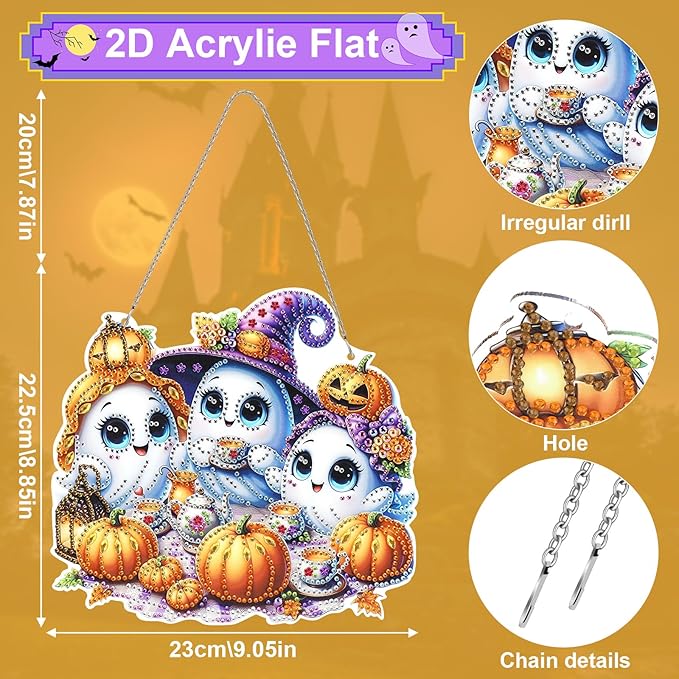 MUNORIAY Diamond Art Hanging Kit for Adult,Special Shaped Rhinestone,5D DIY Acrylic Double Sided Diamond Art Painting Window Pendants,Home Garden Wall Decor Hanging Ornament (Halloween Ghost)