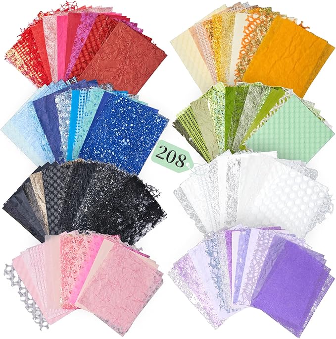 208 Sheets Textured Scrapbook Paper and Mesh Fabric Assorted Set - 8 Color Mixed Special Scrapbooking Papers for Planner Bullet Junk Journaling Supplies Handmade Collage Craft Kit,5.9x4.7 Inch