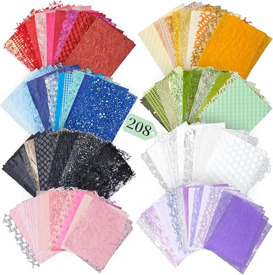 208 Sheets Textured Scrapbook Paper and Mesh Fabric Assorted Set - 8 Color Mixed Special Scrapbooking Papers for Planner Bullet Junk Journaling Supplies Handmade Collage Craft Kit,5.9x4.7 Inch