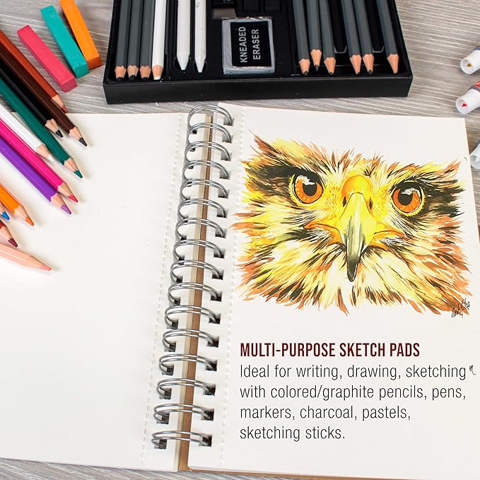 u.s. art supply 5.5"x8.5" sketch book pad, 3 pack (100 sheets each), 60lb (100gsm) spiral bound - sketching, drawing pad, acid-free paper - sketch pads for adults, students: colored pencils, charcoal