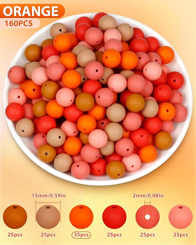 160pcs fiveizero 15mm silicone beads for keychain making - mixed color round rubber beads bulk, diy craft supplies for bracelets necklaces pens(orange)