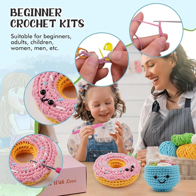 LetCartMaker Beginner Amigurumi Crochet Kit with Video Tutorials - Pizza, Croissant or Dessert Theme | Complete Starter Set for Kids & Adults (Yarn, Hook, Eyes Included) (Donut & Dessert Cup Duo)