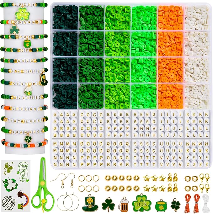 Goldwise Green Beads, St. Patrick’s Day Bracelet Making Kit, Green, White & Orange Beads with Shamrock & Symbolic Charms for Bracelets, Necklaces & Personalized Accessories