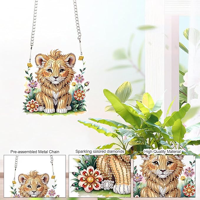 DIY 5D Diamond Painting Hanging Ornament Kit Lion Design, Handmade Acrylic Diamond Art Irregular Shape Pendant, Decorative Hanging for Home, Garden, Wall, Door, and Gift