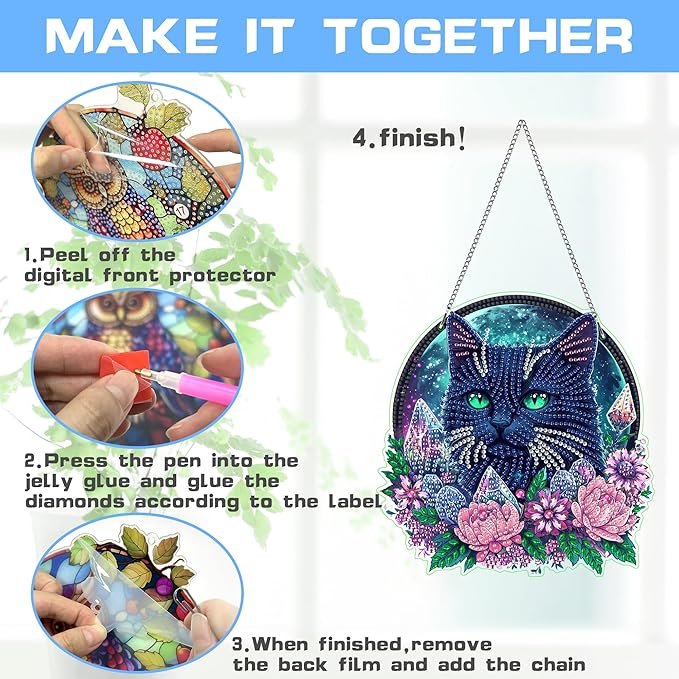VAIIEYO Black cat Diamond Art Hanging Ornament, Animal Diamond Painting Suncatchers Window Hanging Kit with Chain, 7.5x7.5 inch Crystal Pendant Art Craft for Gift Home Wall Front Door Decoration