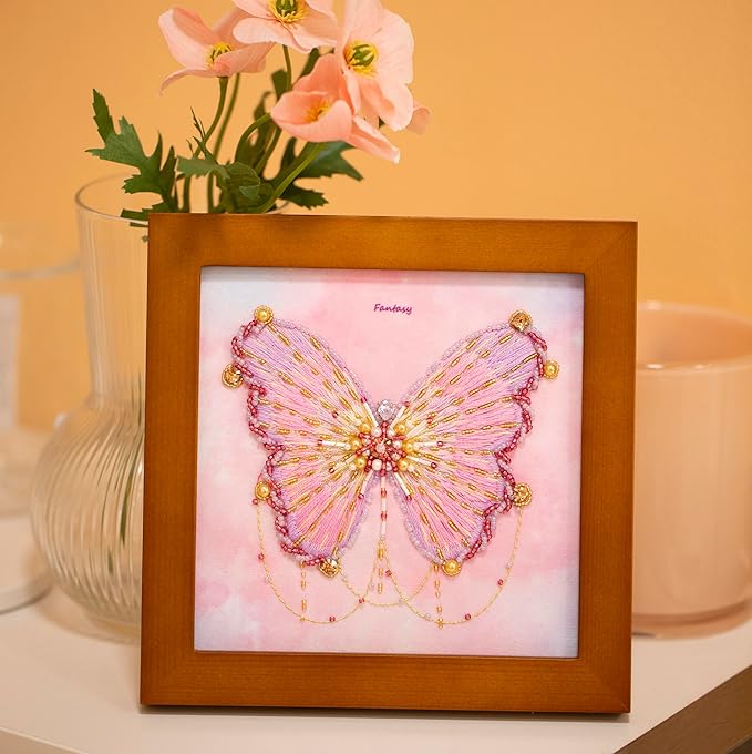 Craftreasure Embroidery Kit for Adults, Butterfly Needle Point Kits Adults Beginner Include Embroidery Beads Threads for Craft Lover Hand Stitch with Embroidery Skill Technique (Purple-Intermediate)
