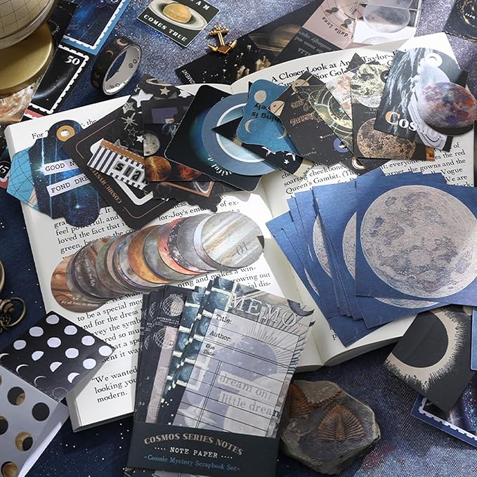 Scrapbook Kit Junk Journal Supplies with A6 Grid Notebook,154 Pieces Space Stationery Set with Cosmic Stickers and Paper for Women Teens, Blue Celestial Theme