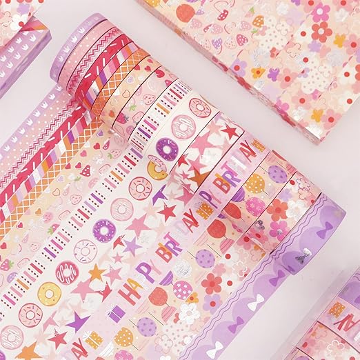 YUBX Birthday Washi Tape Set 15 Rolls Silver Foil Print Decorative Masking Tapes for Arts, DIY Crafts, Journals, Planners, Scrapbook, Wrapping