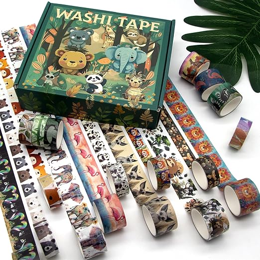 wapetashi cute washi tape set, 38 rolls animals washi tapes for journaling supplies, 25mm & 15mm wide kawaii tape for scrapbooking, planners, diy crafts, gift for kids