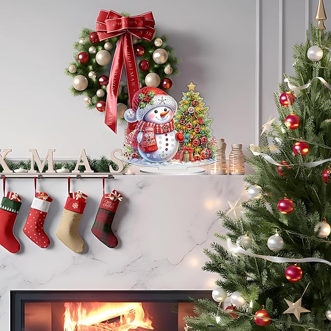 JJFox DIY 5D Tabletop Diamond Art Painting Kit， Desktop Ornament Special Shaped Rhinestone Desk Placement Ornament，Home Stand Up Gem Painting Craft Kit，Gift (Christmas Snowman)