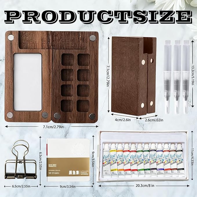 Mini Watercolor Paint Set Portable,Watercolor Palette, Travel Grid Paint Palette Box with Binder Clips Include 12 Colors Paint, Brush*3 and Picture Album Art Materials Coloring Markers (8 Grids)