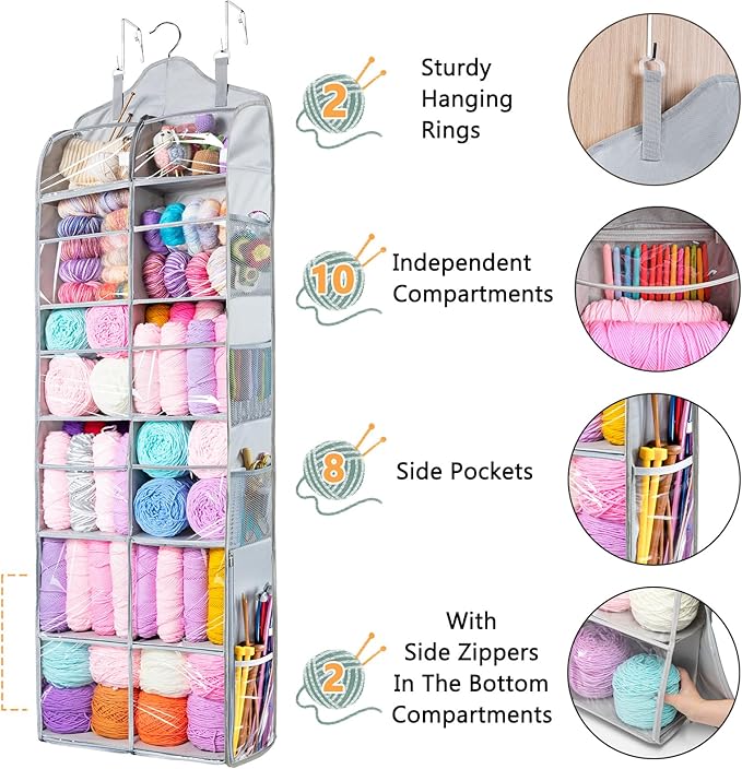 MYBAGZING Hanging Yarn Storage Organizer with Zipper Pockets, 6 Tiers Over the Door & Closet Yarn Holder, Large Crochet & Knitting Organizer with Side Pockets for Hooks, Needles & Accessories